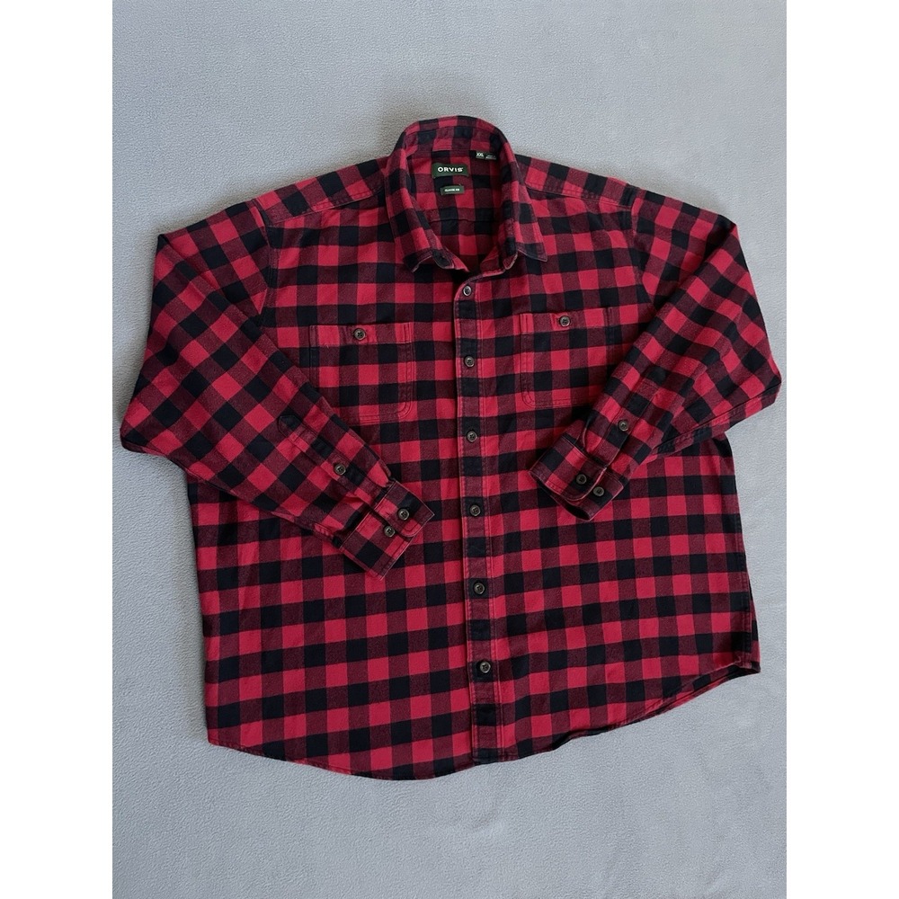 Orvis Perfect Flannel Shirt Mens XXL Red Black Buffalo Plaid 100% Heavy Cotton